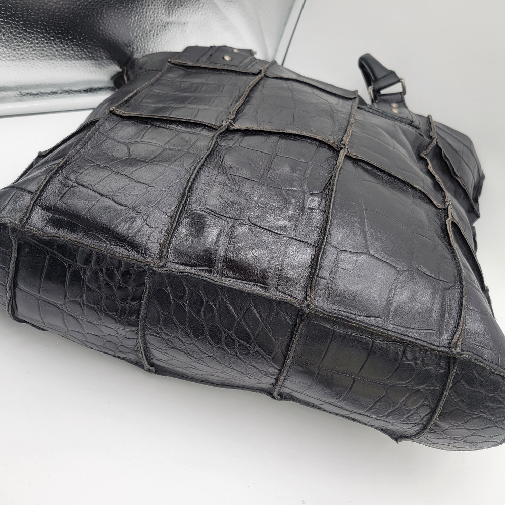 CHOCOLAT BLU Black Leather Croc-Embossed Patchwork Tote Bag - Picture 8 of 13